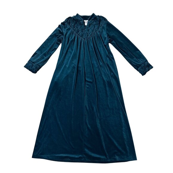 Vintage Nightgown Robe Duster Delicates Velvet Velour Dark Teal Long Medium - Picture 2 of 6
